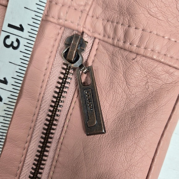 JouJou Faux Leather Moto Jacket Hooded Zip Up Pockets Pink Womens Biker Elegance - Picture 10 of 10